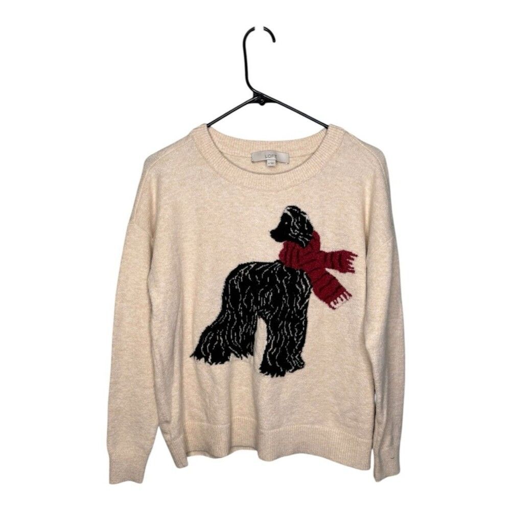 LOFT Afghan Hound Dog Scarf Knit Cream Crewneck Sweater Size M